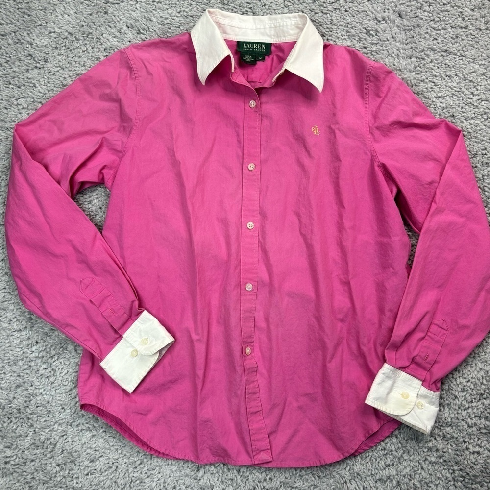 Lauren Ralph Lauren Shirt Womens Medium Vintage Button Up Pink White Classic